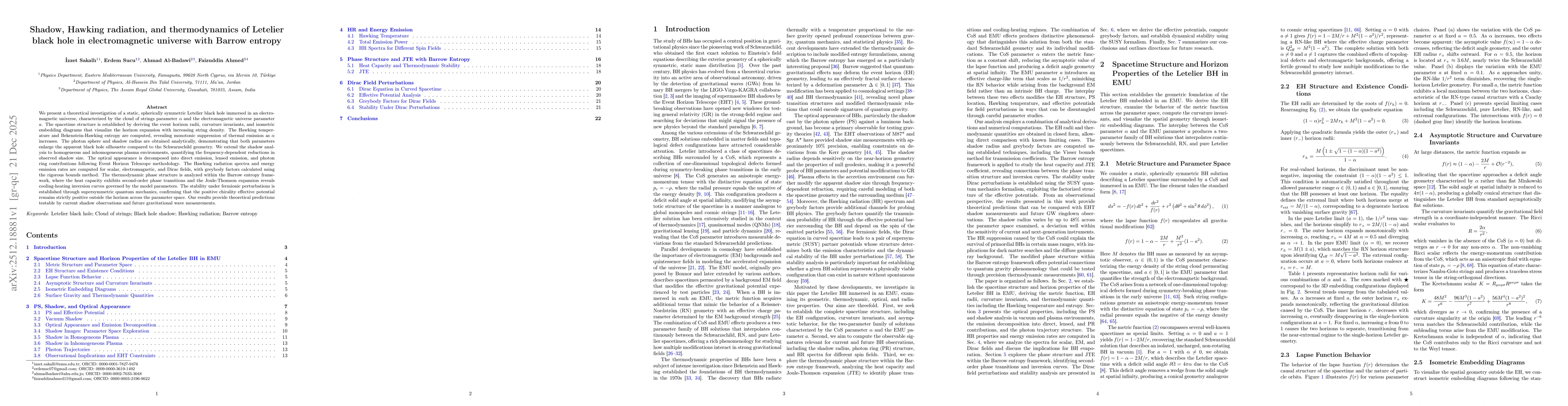 Thumbnail for Optical appearance, Hawking radiation, and Barrow thermodynamics of Letelier black hole in electromagnetic universe