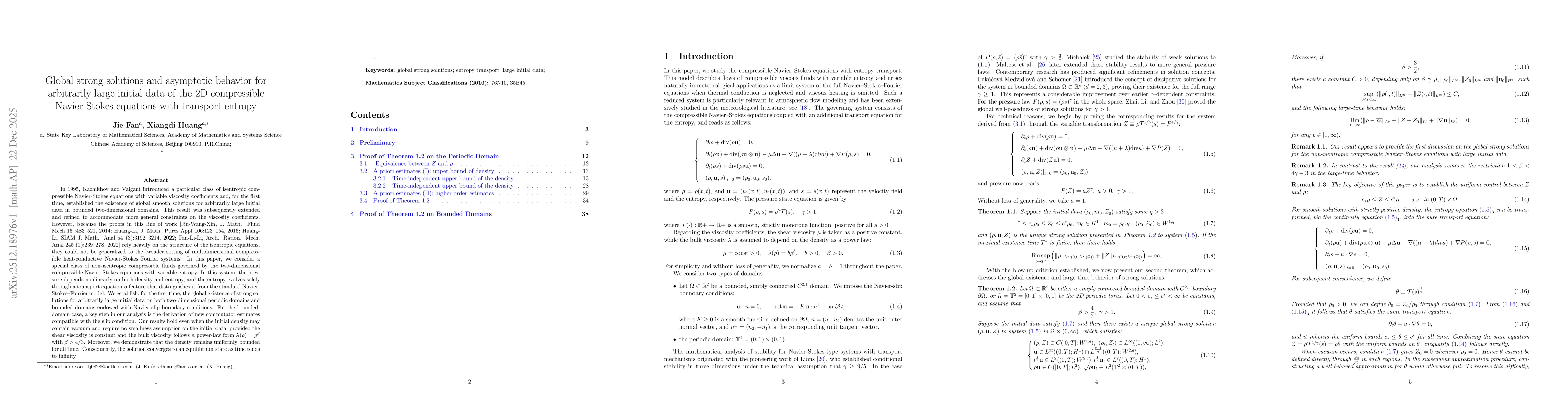 Thumbnail for Global strong solutions and asymptotic behavior for arbitrarily large initial data of the 2D compressible Navier-Stokes equations with transport entropy