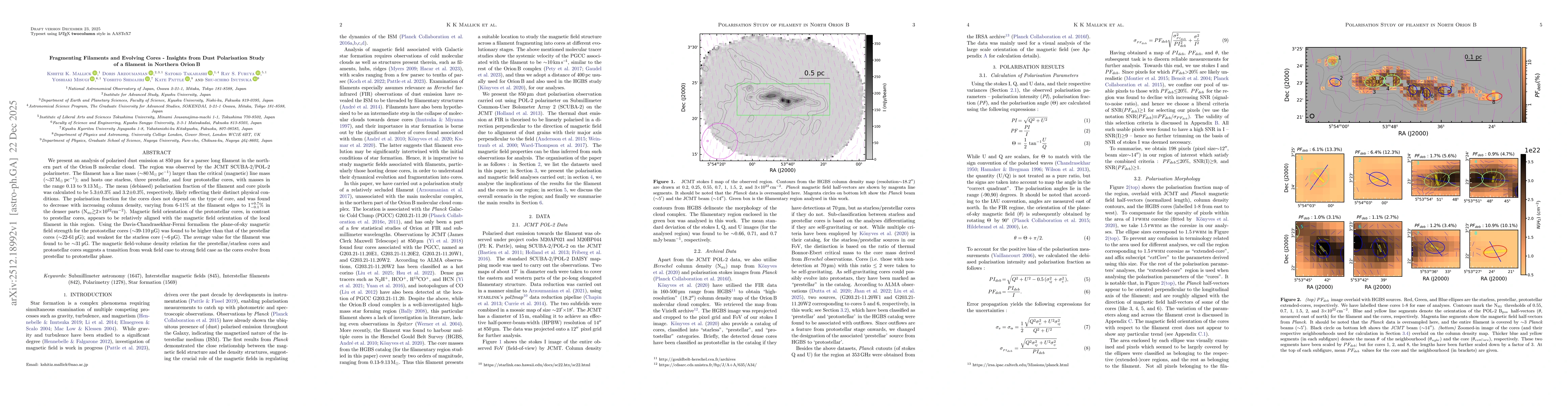 Thumbnail for Fragmenting Filaments and Evolving Cores -- Insights from Dust Polarisation Study of a filament in Northern Orion B