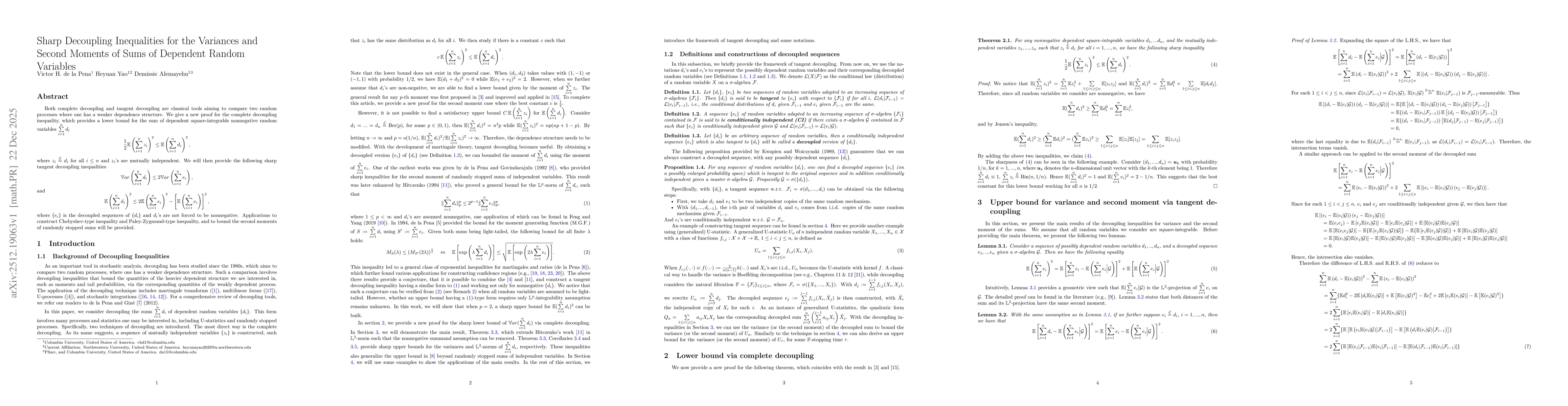 Thumbnail for Sharp Decoupling Inequalities for the Variances and Second Moments of Sums of Dependent Random Variables