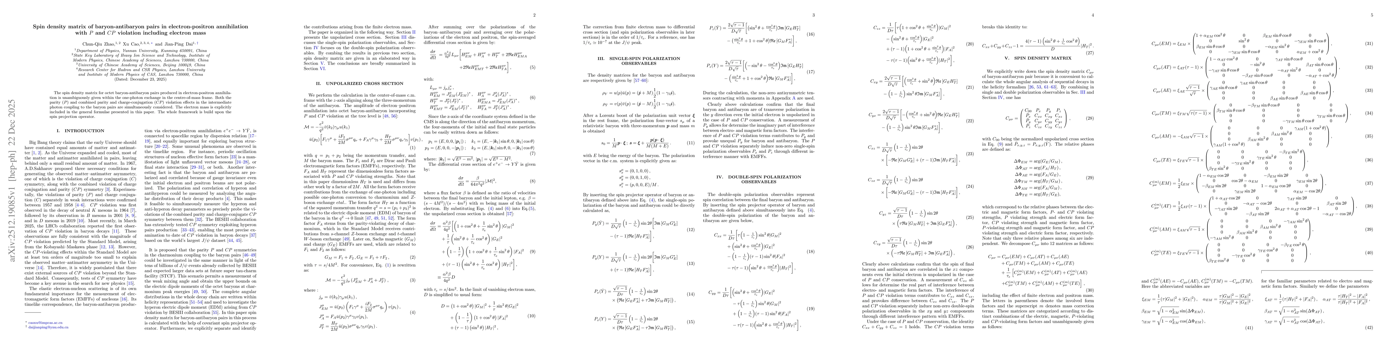 Thumbnail for Spin density matrix of baryon-antibaryon pairs in electron-positron annihilation with $P$ and $CP$ violation including electron mass
