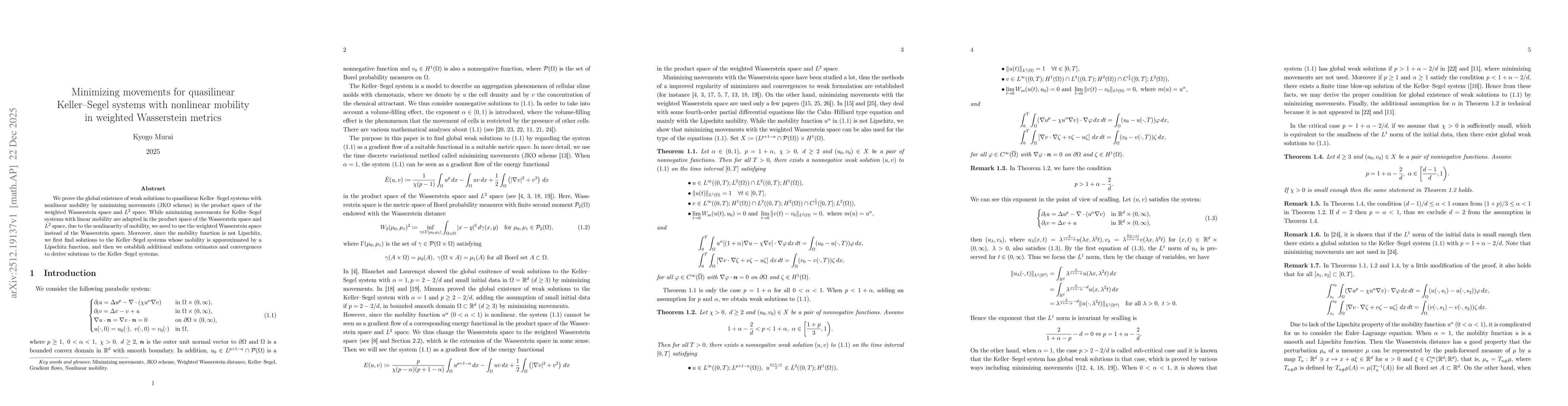 Thumbnail for Minimizing movements for quasilinear Keller--Segel systems with nonlinear mobility in weighted Wasserstein metrics