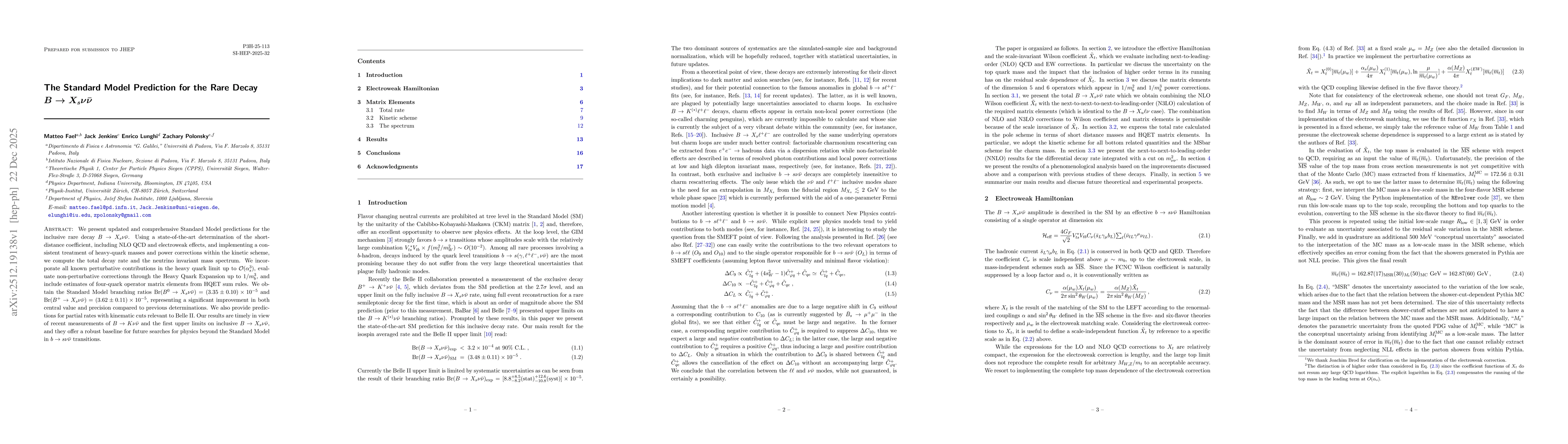 Thumbnail for The Standard Model Prediction for the Rare Decay $B \to X_s ν\bar ν$