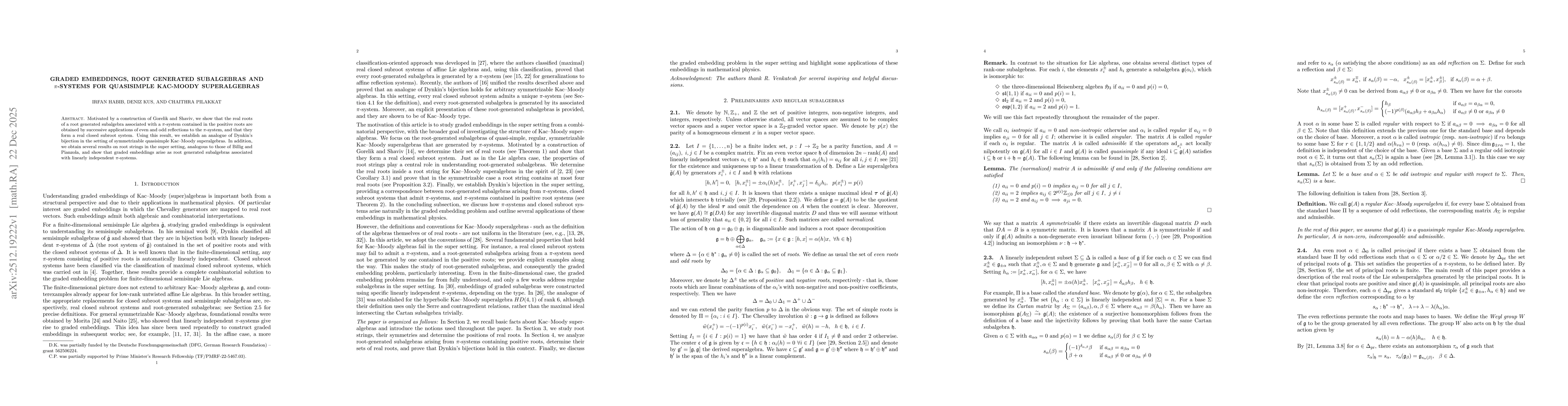 Thumbnail for Graded embeddings, root generated subalgebras and $π$-systems for quasisimple Kac-Moody superalgebras