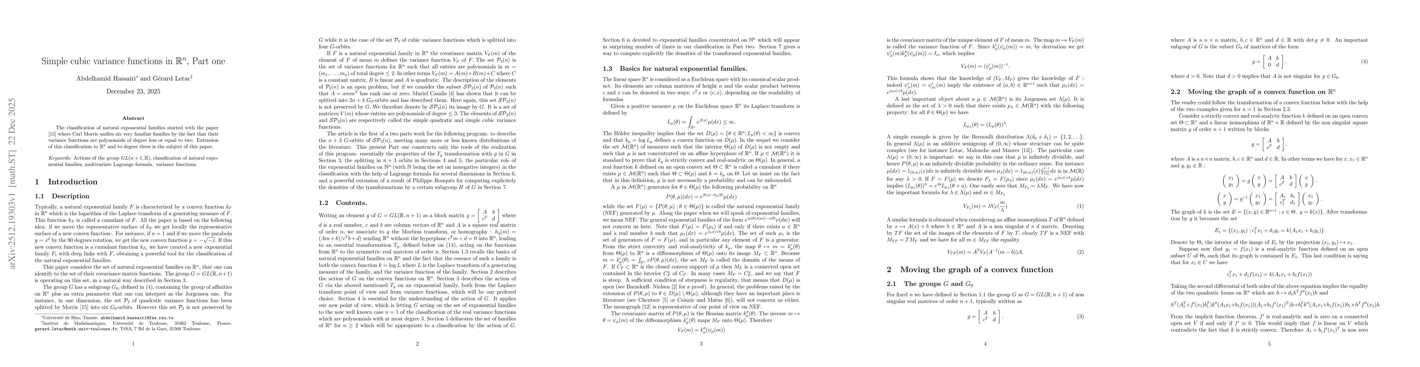 Thumbnail for Simple Cubic Variance Functions on $\R^n$, Part one