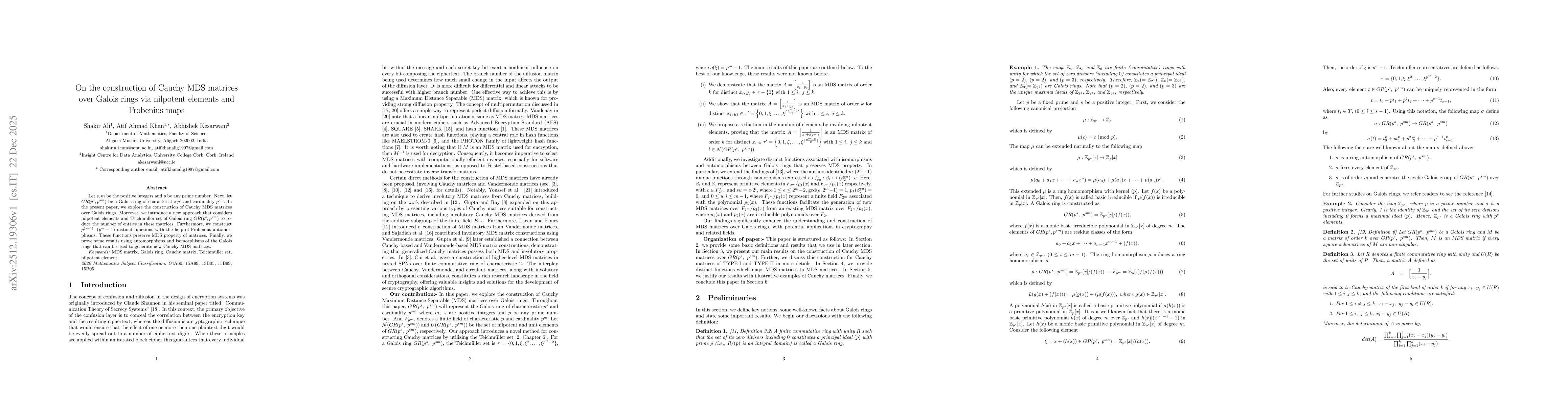 Thumbnail for On the construction of Cauchy MDS matrices over Galois rings via nilpotent elements and Frobenius maps