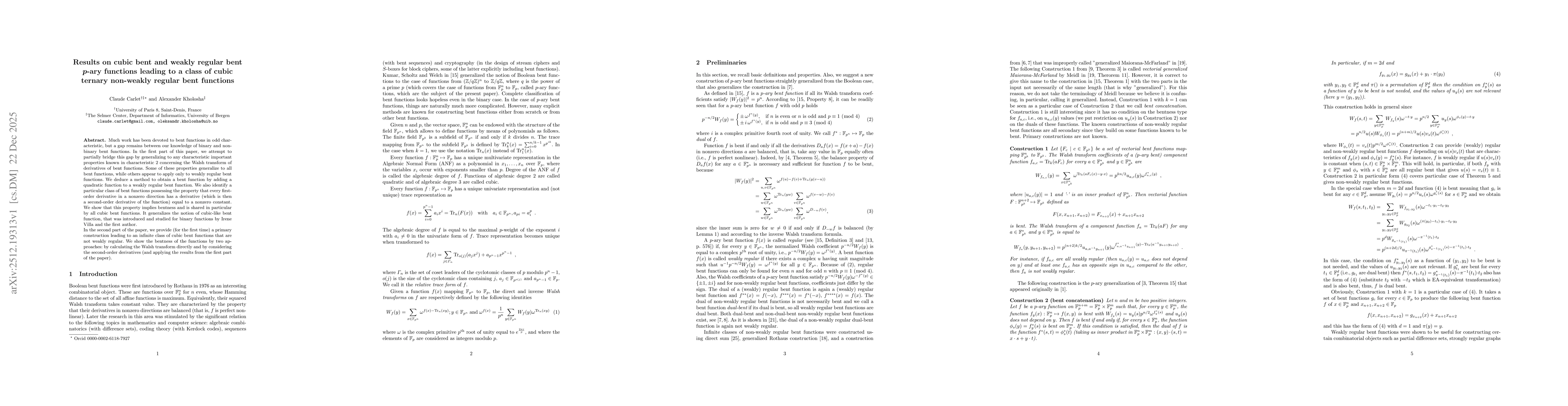 Thumbnail for Results on cubic bent and weakly regular bent $p$-ary functions leading to a class of cubic ternary non-weakly regular bent functions