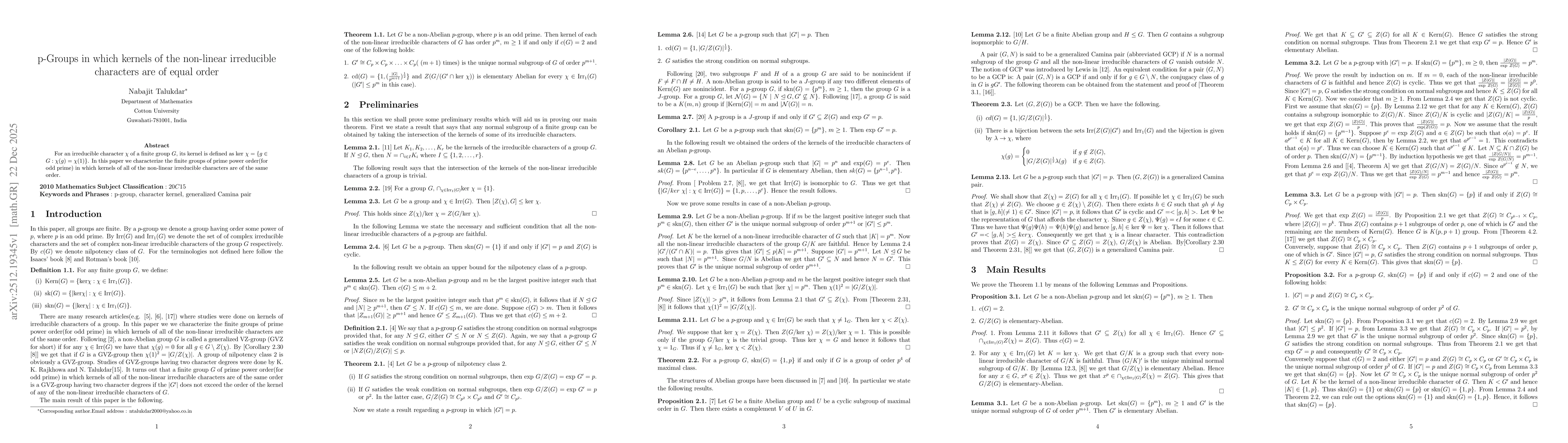 Thumbnail for p-Groups in which kernels of the non-linear irreducible characters are of equal order