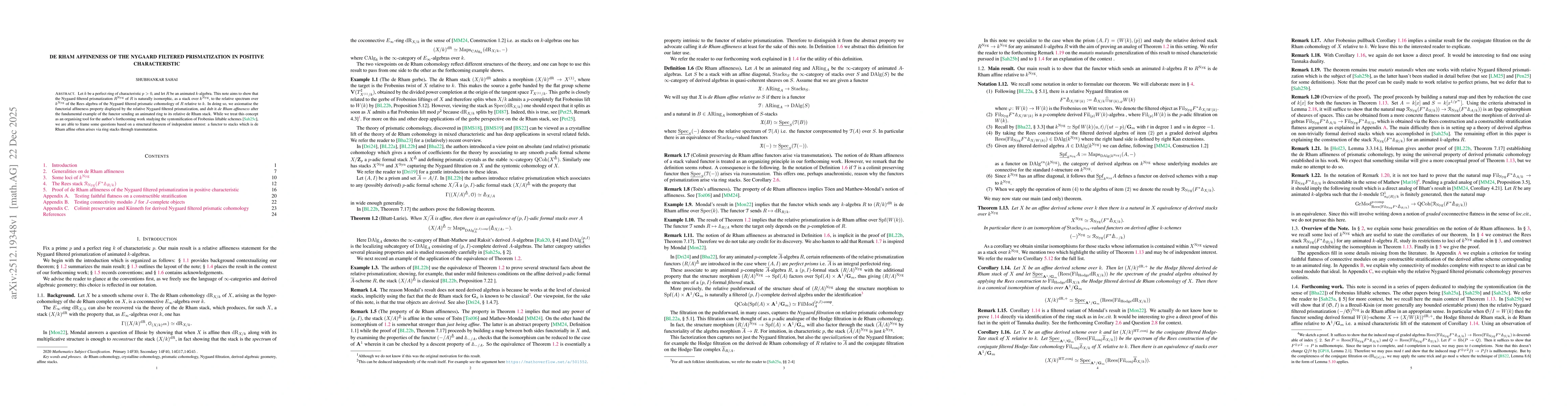 Thumbnail for De Rham affineness of the Nygaard filtered prismatization in positive characteristic