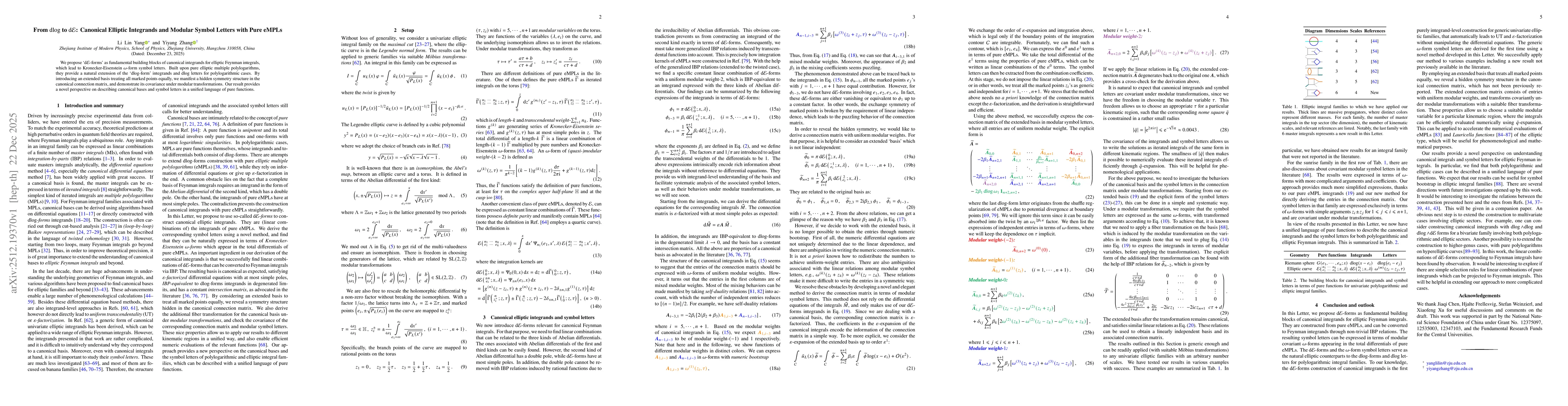 Thumbnail for From $\mathrm{d} \! \log$ to $\mathrm{d} \mathcal{E}$: Canonical Elliptic Integrands and Modular Symbol Letters with Pure eMPLs
