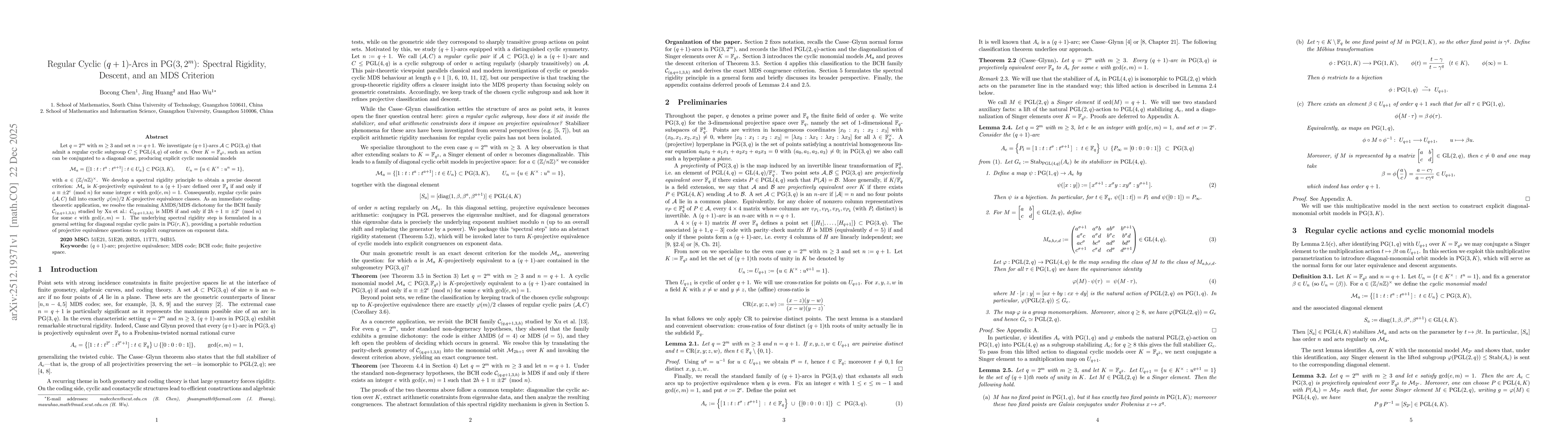 Thumbnail for Regular Cyclic $(q+1)$-Arcs in $\PG(3,2^m)$: Spectral Rigidity, Descent, and an MDS Criterion