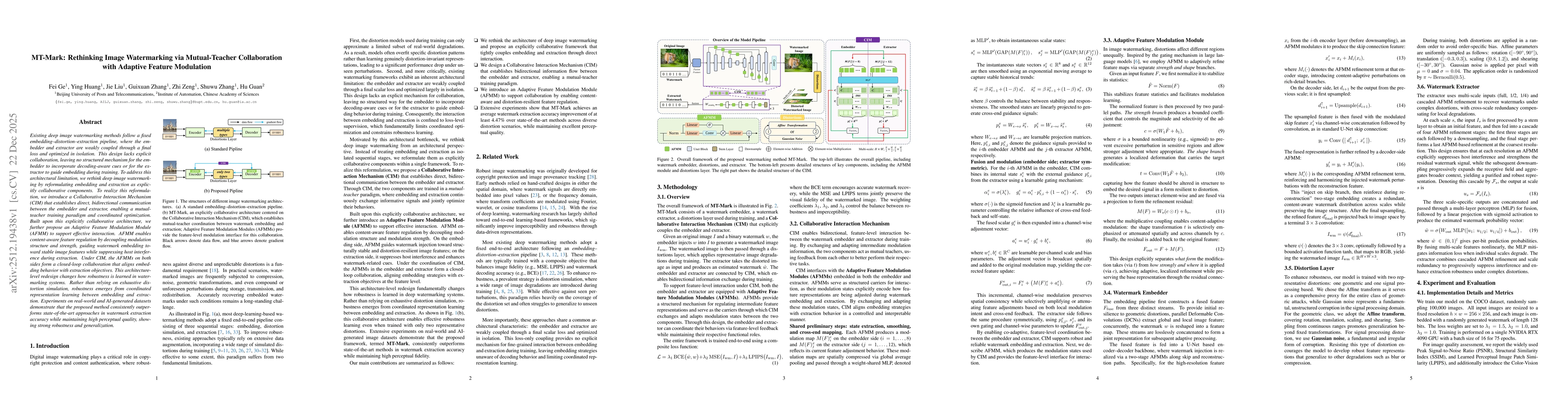 Thumbnail for MT-Mark: Rethinking Image Watermarking via Mutual-Teacher Collaboration with Adaptive Feature Modulation