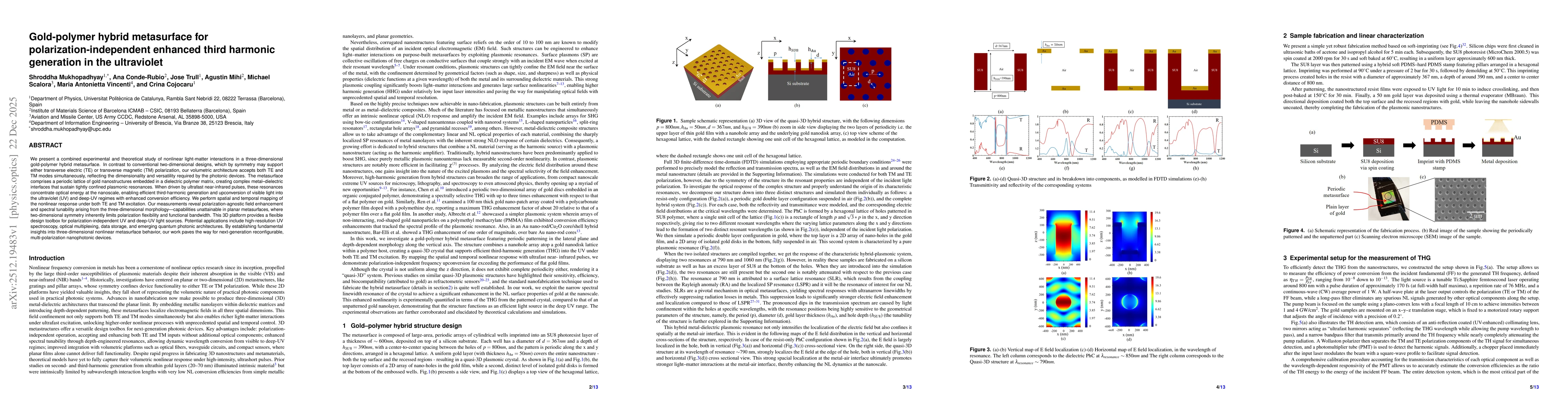 Thumbnail for Gold-polymer hybrid metasurface for polarization-independent enhanced third harmonic generation in the ultraviolet