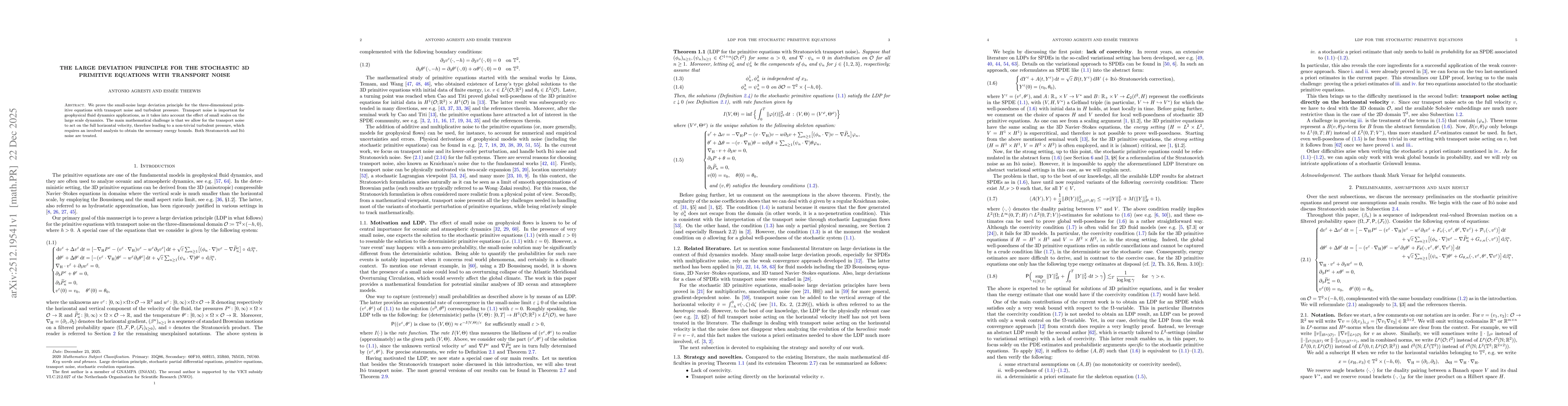 Thumbnail for The large deviation principle for the stochastic 3D primitive equations with transport noise