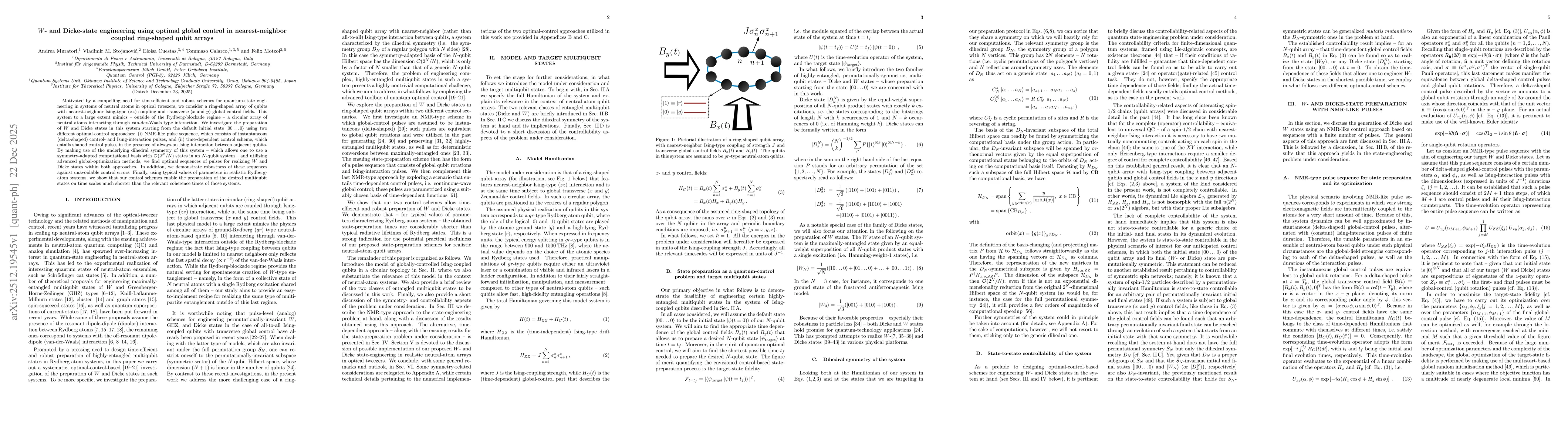 Thumbnail for $W$- and Dicke-state engineering using optimal global control in nearest-neighbor coupled ring-shaped qubit arrays