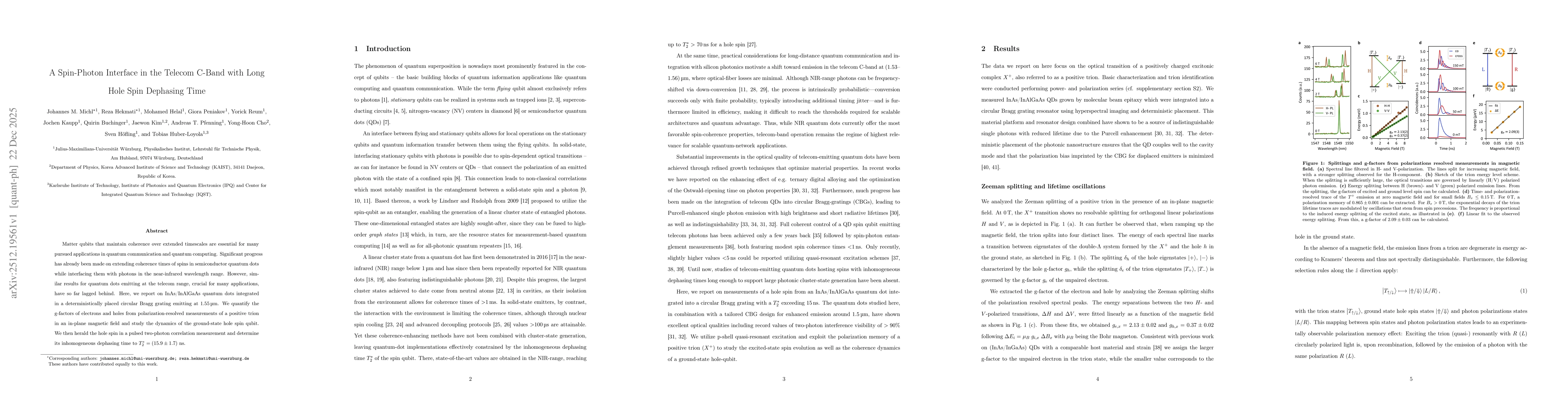 Thumbnail for A Spin-Photon Interface in the Telecom C-Band with Long Hole Spin Dephasing Time