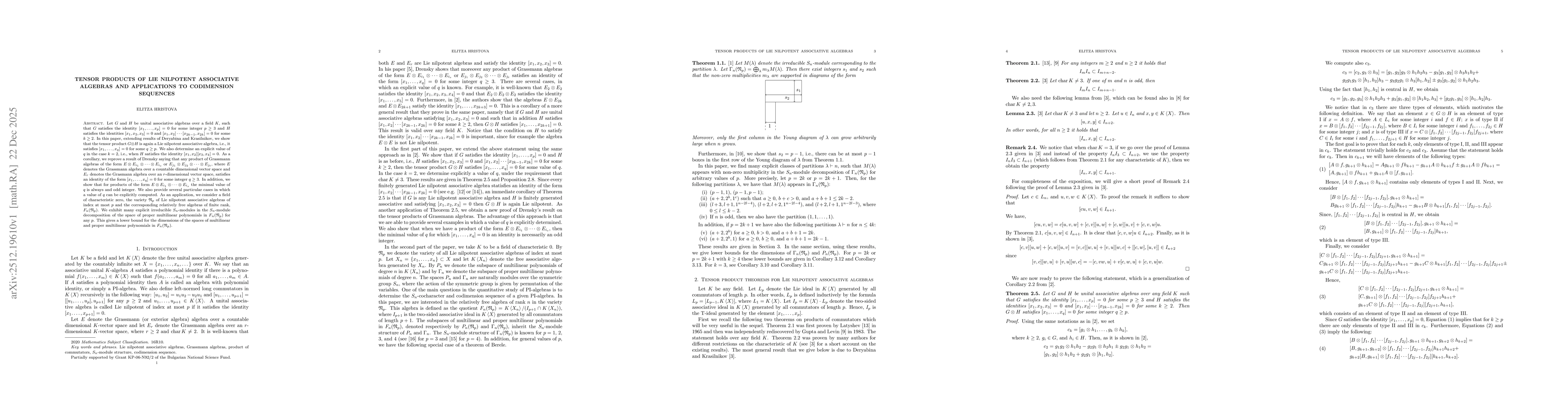 Thumbnail for Tensor products of Lie nilpotent associative algebras and applications to codimension sequences