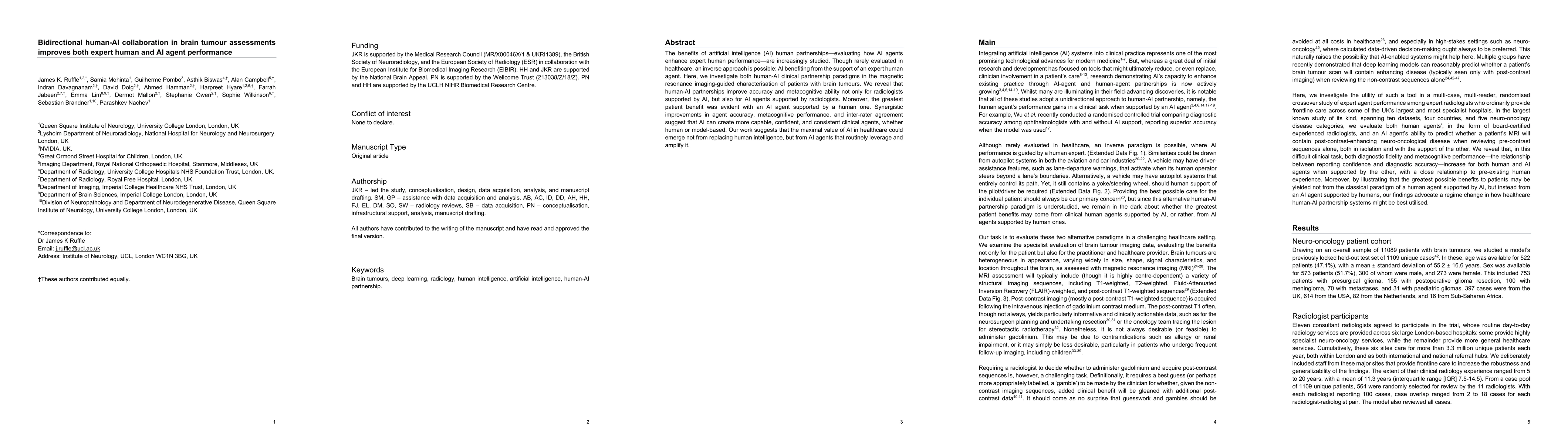 Thumbnail for Bidirectional human-AI collaboration in brain tumour assessments improves both expert human and AI agent performance
