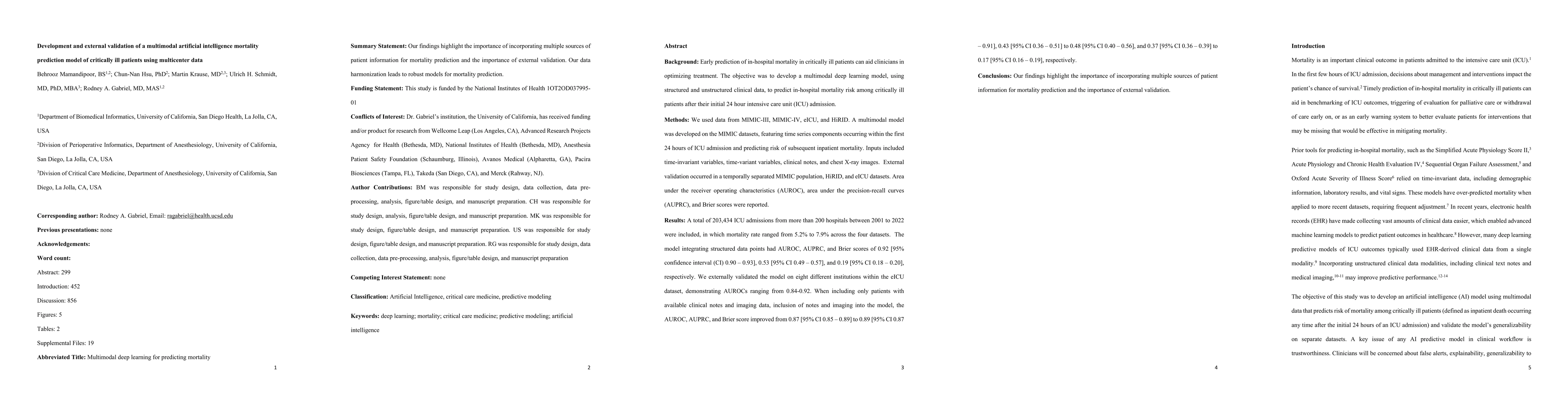 Thumbnail for Development and external validation of a multimodal artificial intelligence mortality prediction model of critically ill patients using multicenter data