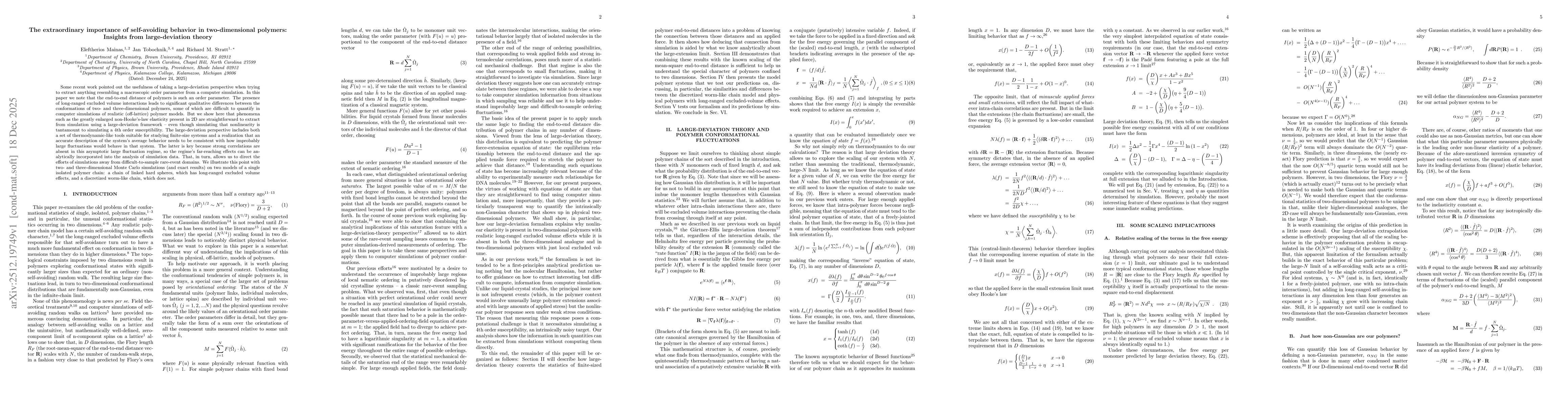 Thumbnail for The extraordinary importance of self-avoiding behavior in two-dimensional polymers: Insights from large-deviation theory