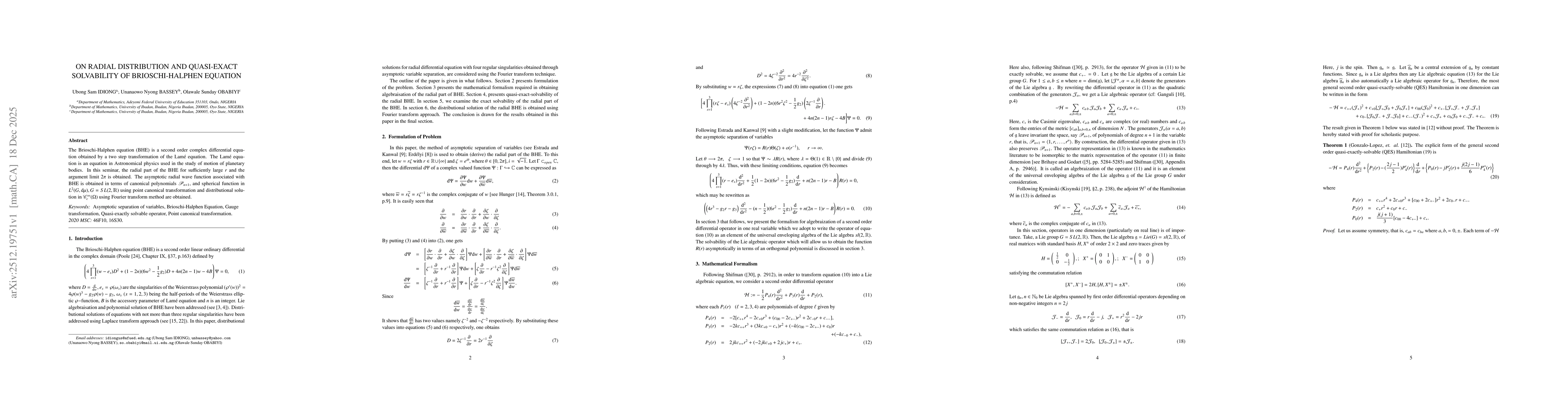 Thumbnail for On Radial Distribution and Quasi-exact Solvability of Brioschi-Halphen Equation