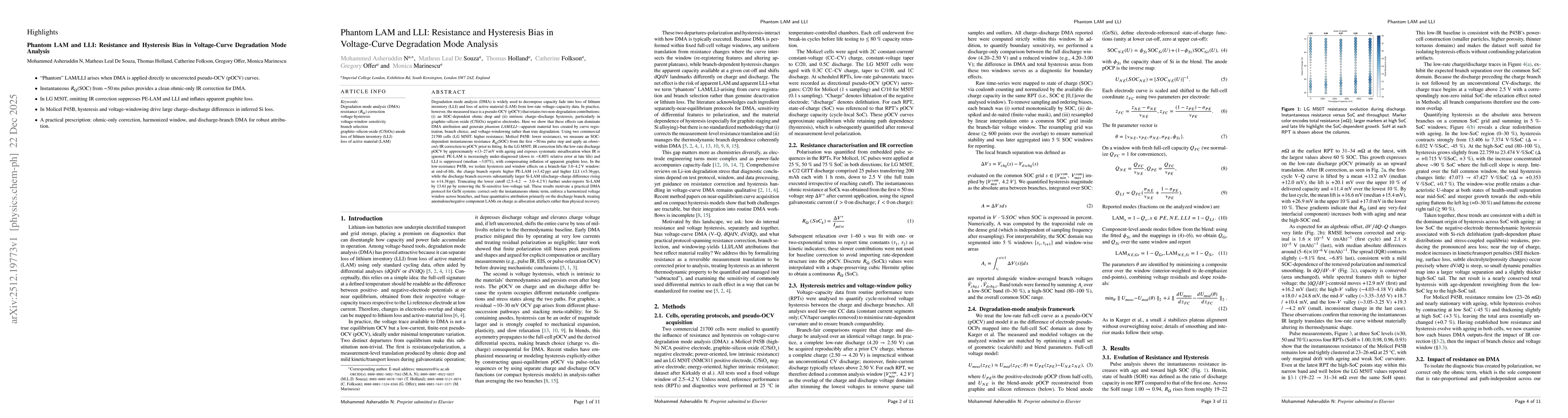 Thumbnail for Phantom LAM and LLI: Resistance and Hysteresis Bias in Voltage-Curve Degradation Mode Analysis