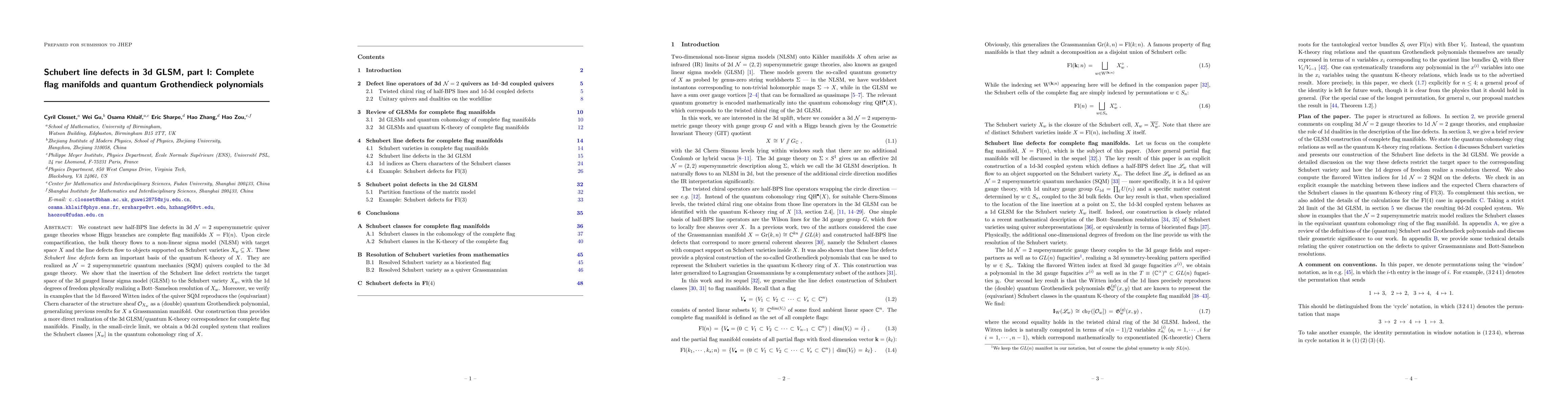Thumbnail for Schubert line defects in 3d GLSM, part I: Complete flag manifolds and quantum Grothendieck polynomials