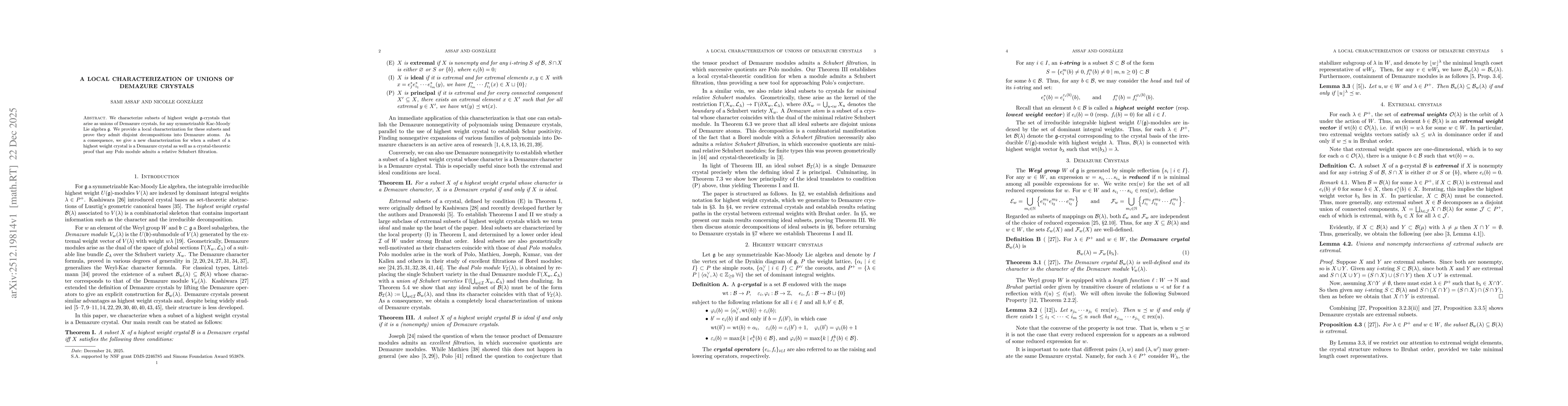 Thumbnail for A Local Characterization of Unions of Demazure Crystals