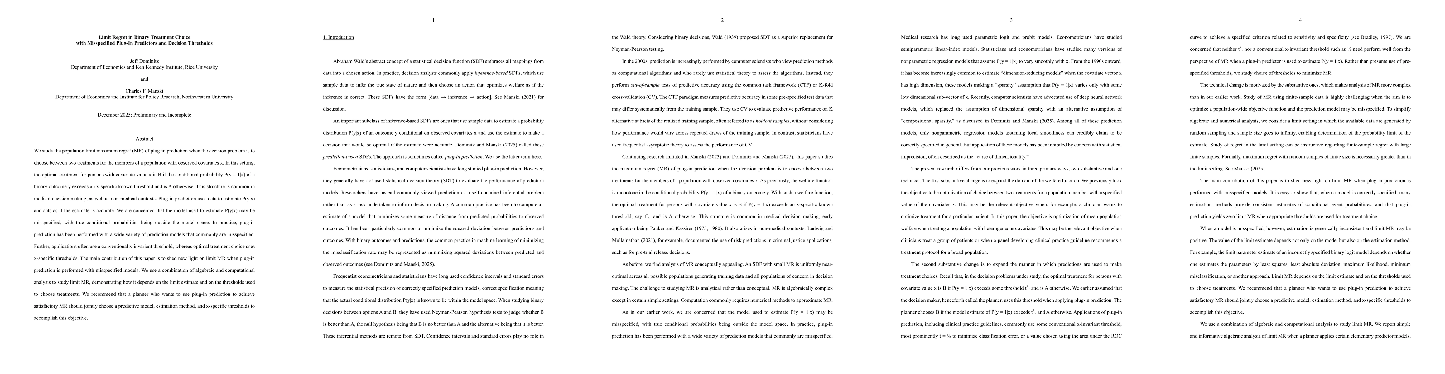 Thumbnail for Limit Regret in Binary Treatment Choice with Misspecified Plug-In Predictors and Decision Thresholds