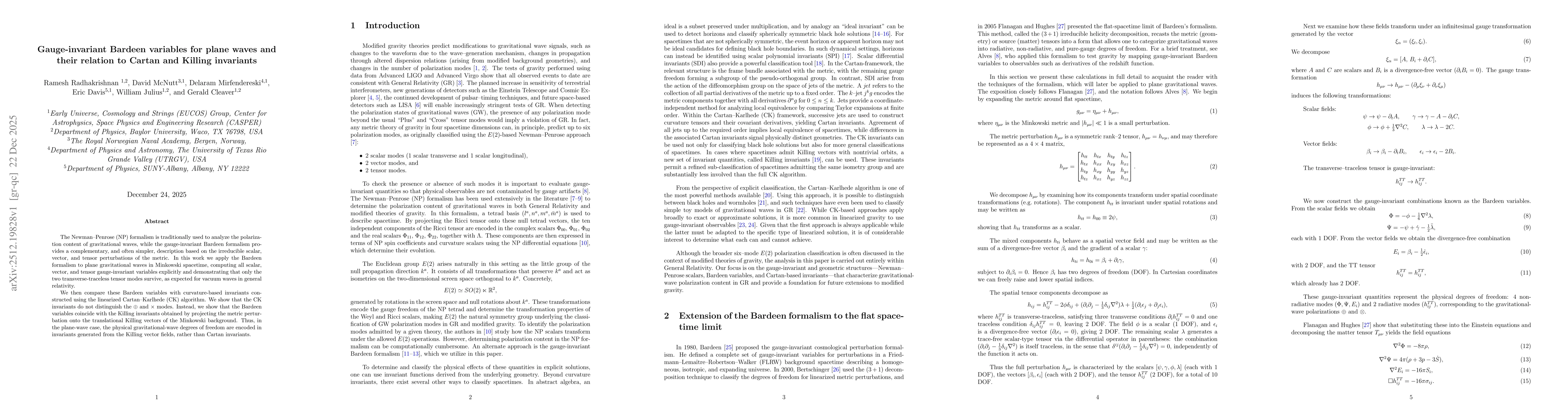 Thumbnail for Gauge-invariant Bardeen variables for plane waves and their relation to Cartan and Killing invariants