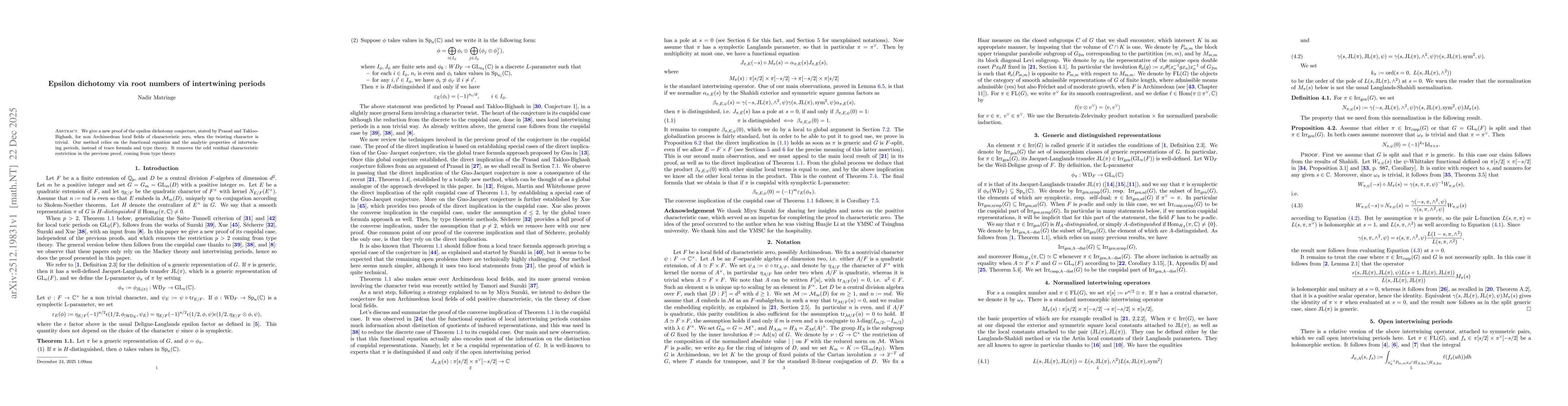 Thumbnail for Epsilon dichotomy via root numbers of intertwining periods