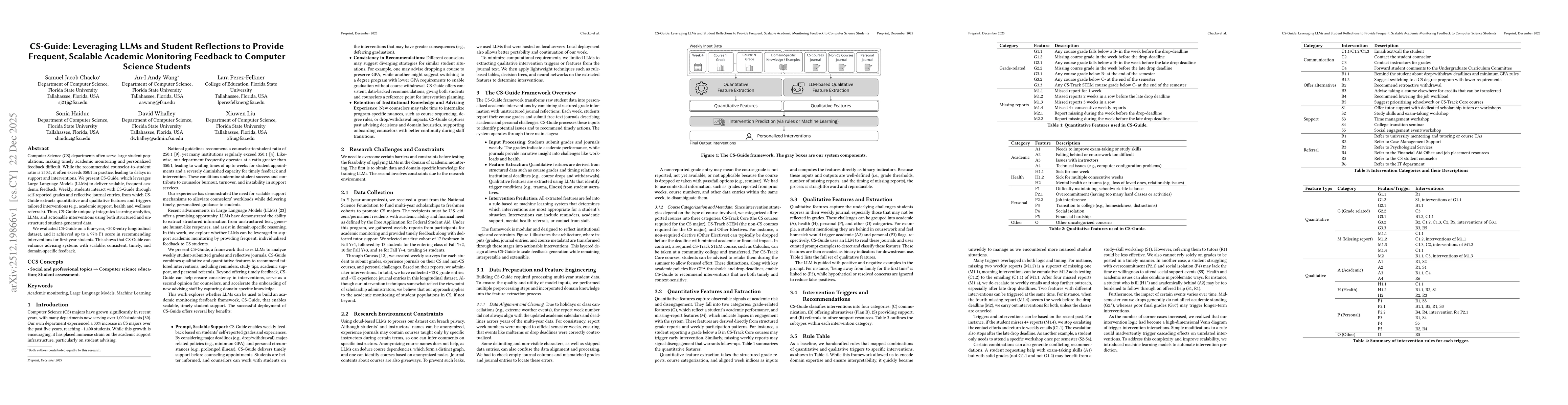 Thumbnail for CS-Guide: Leveraging LLMs and Student Reflections to Provide Frequent, Scalable Academic Monitoring Feedback to Computer Science Students