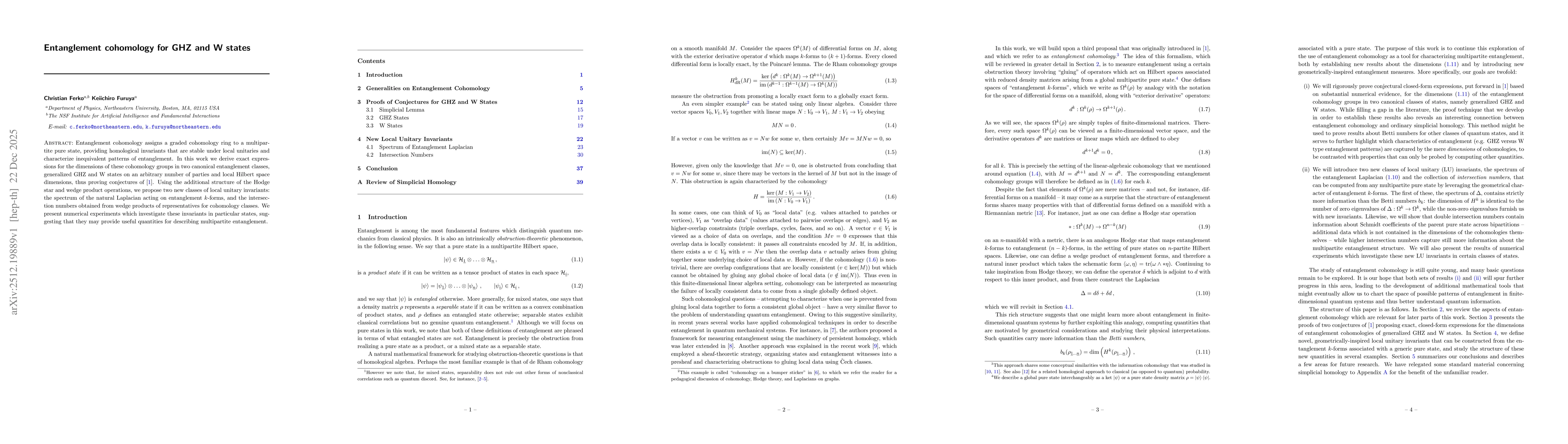 Thumbnail for Entanglement cohomology for GHZ and W states