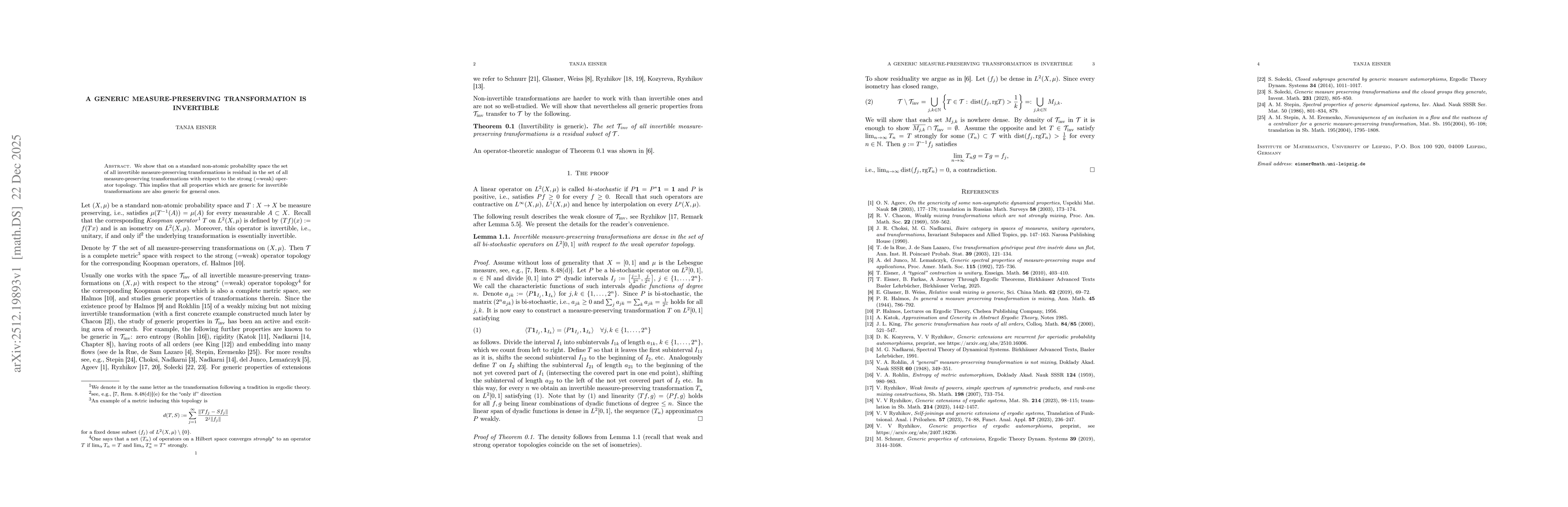 Thumbnail for A generic measure-preserving transformation is invertible
