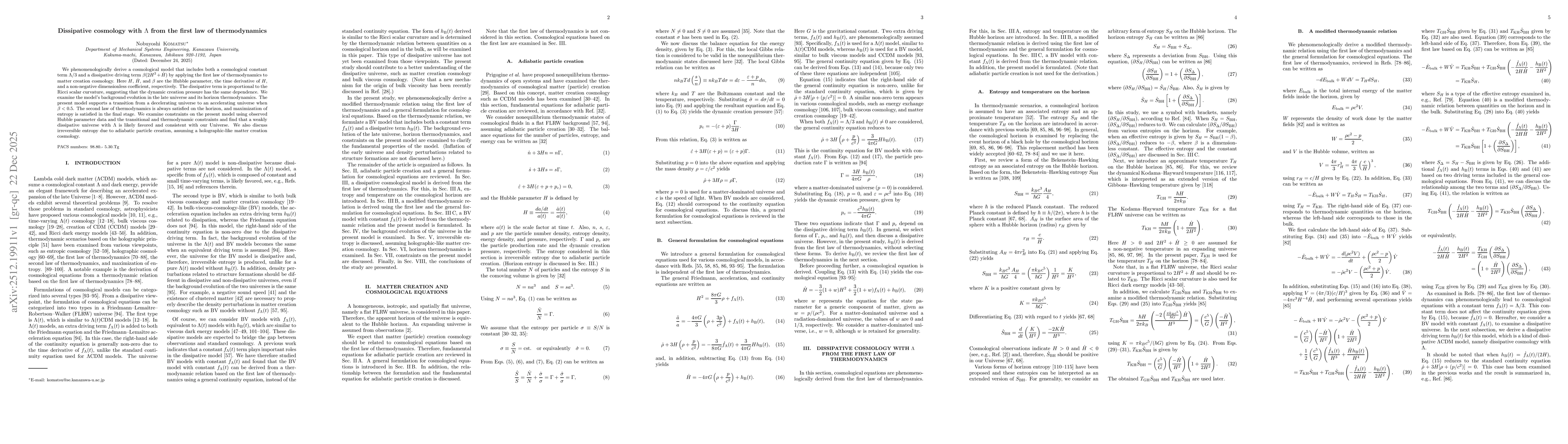 Thumbnail for Dissipative cosmology with $Λ$ from the first law of thermodynamics