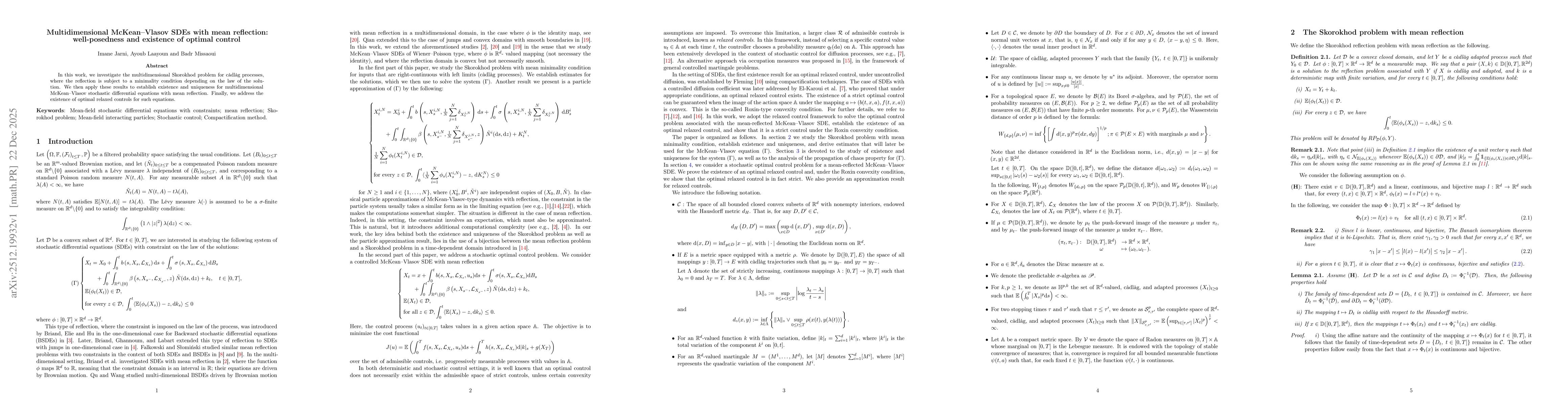 Thumbnail for Multidimensional McKean-Vlasov SDEs with mean reflection: well-posedness and existence of optimal control