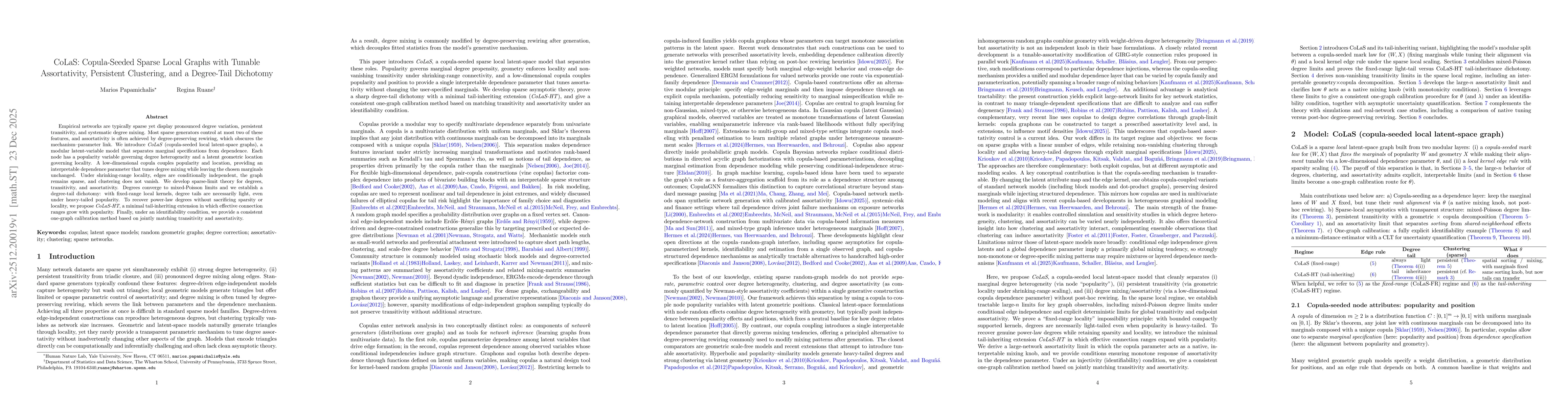 Thumbnail for CoLaS: Copula-Seeded Sparse Local Graphs with Tunable Assortativity, Persistent Clustering, and a Degree-Tail Dichotomy
