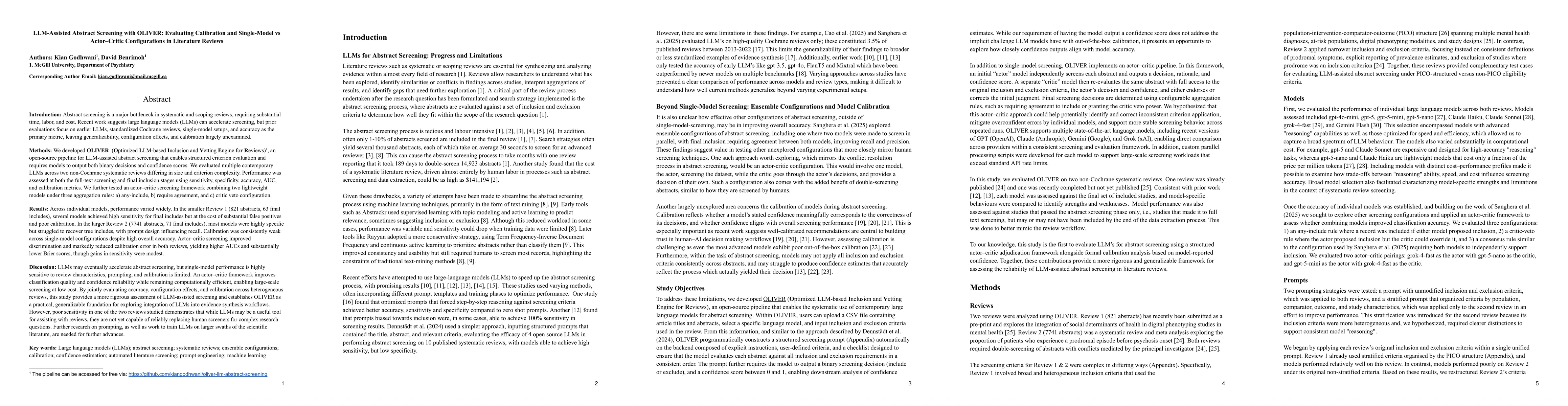 Thumbnail for LLM-Assisted Abstract Screening with OLIVER: Evaluating Calibration and Single-Model vs. Actor-Critic Configurations in Literature Reviews