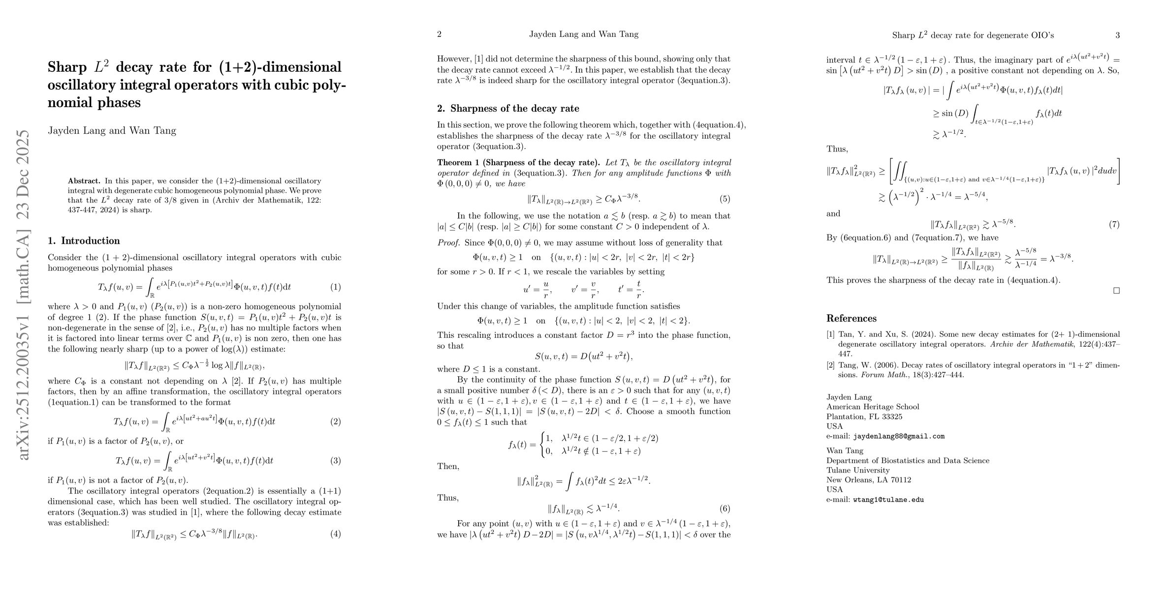 Thumbnail for Sharp $L^2$ decay rate for (1+2)-dimensional oscillatory integral operators with cubic polynomial phases