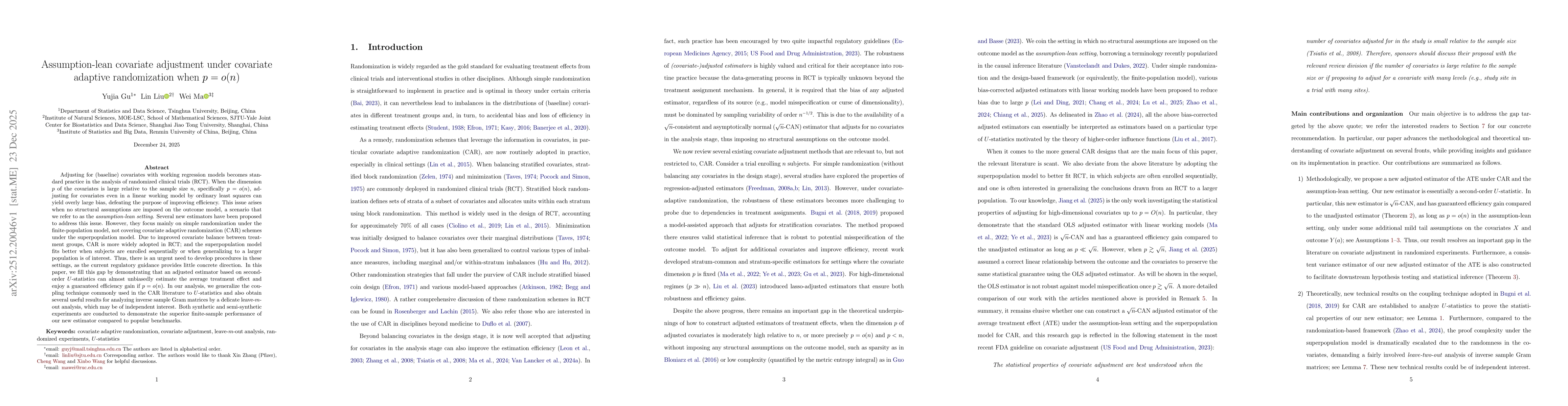 Thumbnail for Assumption-lean covariate adjustment under covariate adaptive randomization when $p = o (n)$