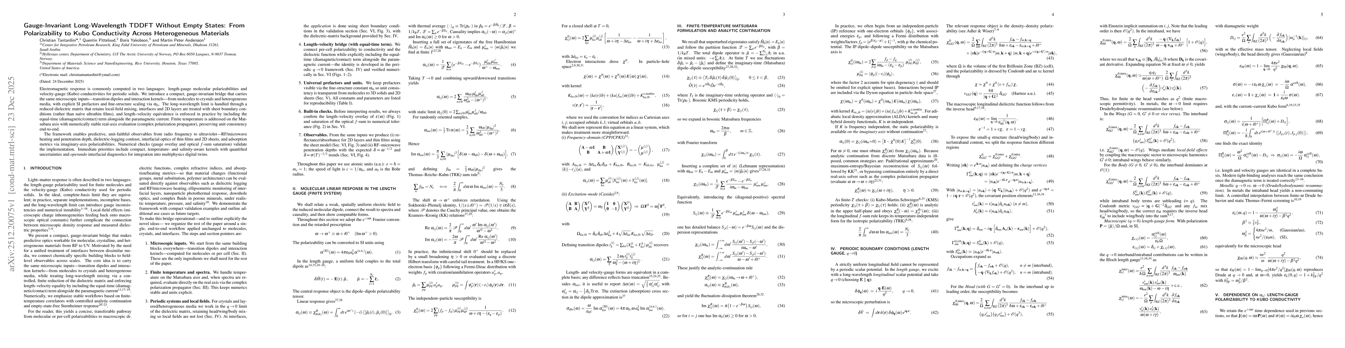 Thumbnail for Gauge-Invariant Long-Wavelength TDDFT Without Empty States: From Polarizability to Kubo Conductivity Across Heterogeneous Materials