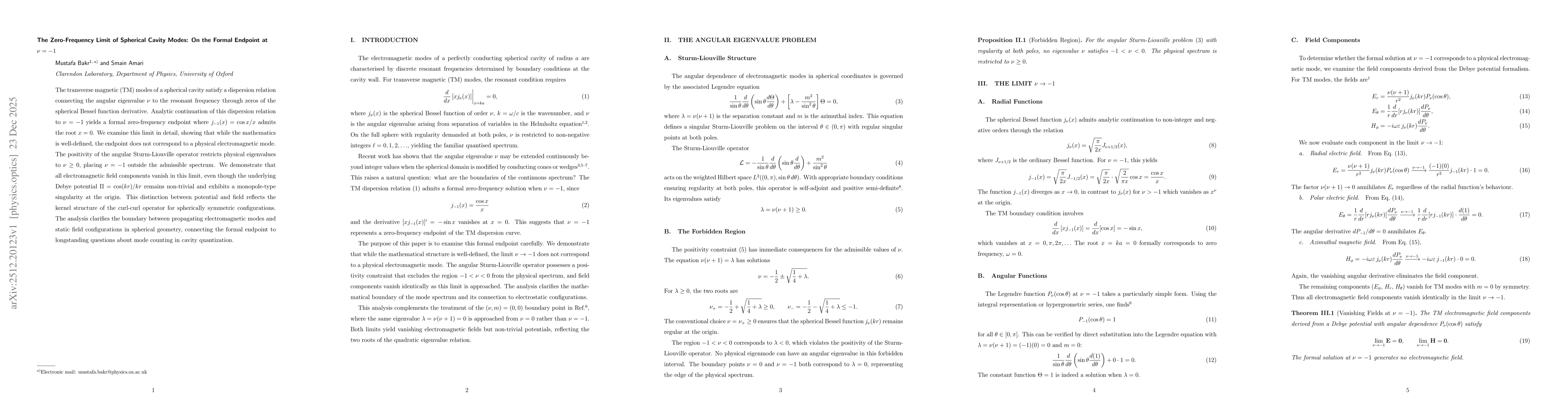 Thumbnail for The Zero-Frequency Limit of Spherical Cavity Modes: On the Formal Endpoint at v=1