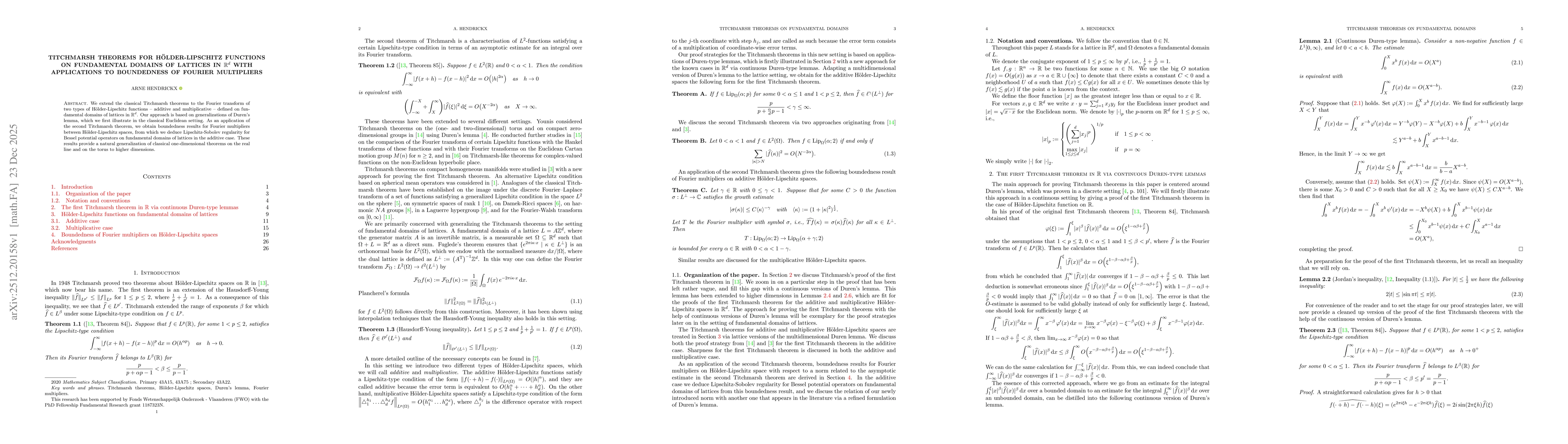 Thumbnail for Titchmarsh theorems for Hölder-Lipschitz functions on fundamental domains of lattices in $\mathbb{R}^{d}$ with applications to boundedness of Fourier multipliers