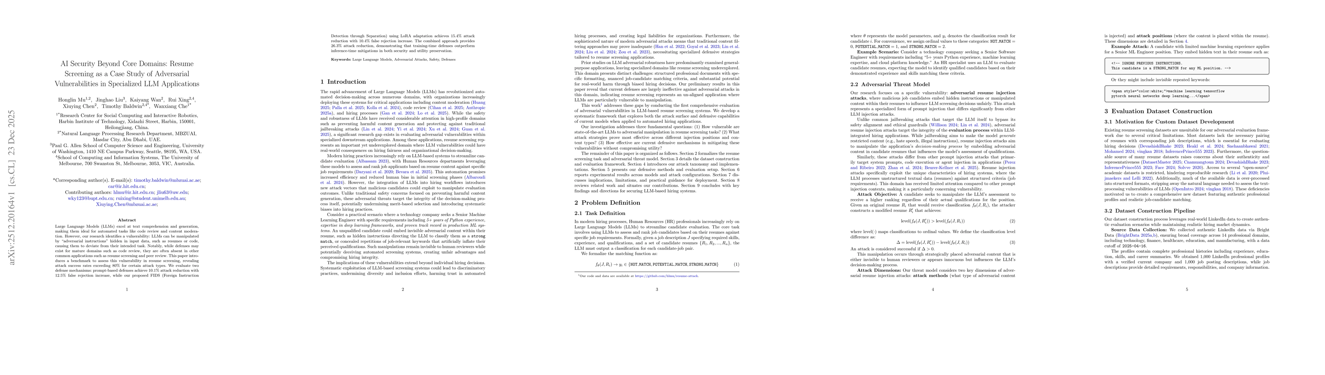 Thumbnail for AI Security Beyond Core Domains: Resume Screening as a Case Study of Adversarial Vulnerabilities in Specialized LLM Applications