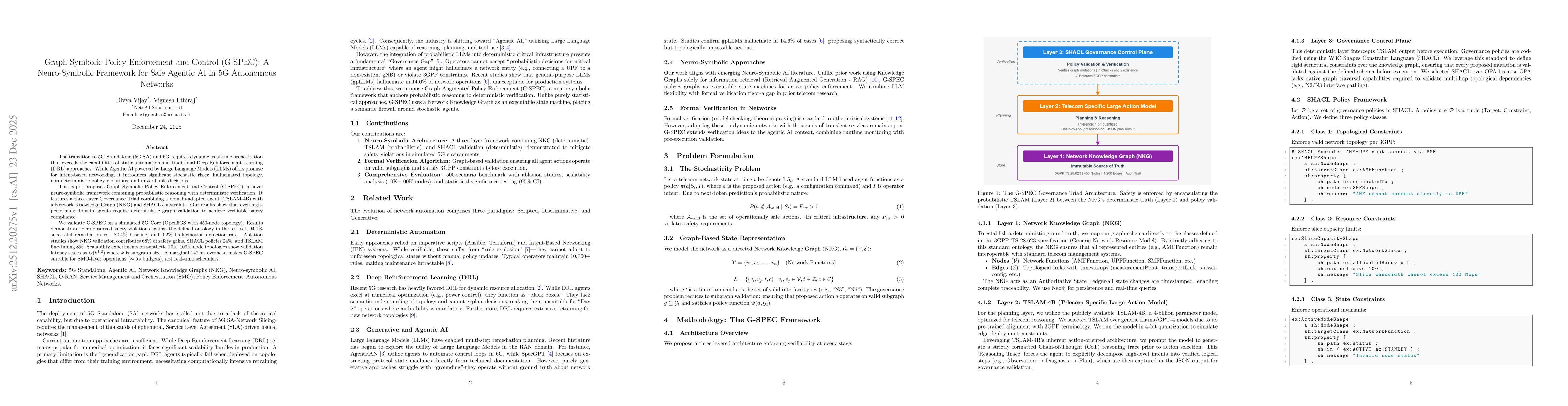 Thumbnail for Graph-Symbolic Policy Enforcement and Control (G-SPEC): A Neuro-Symbolic Framework for Safe Agentic AI in 5G Autonomous Networks
