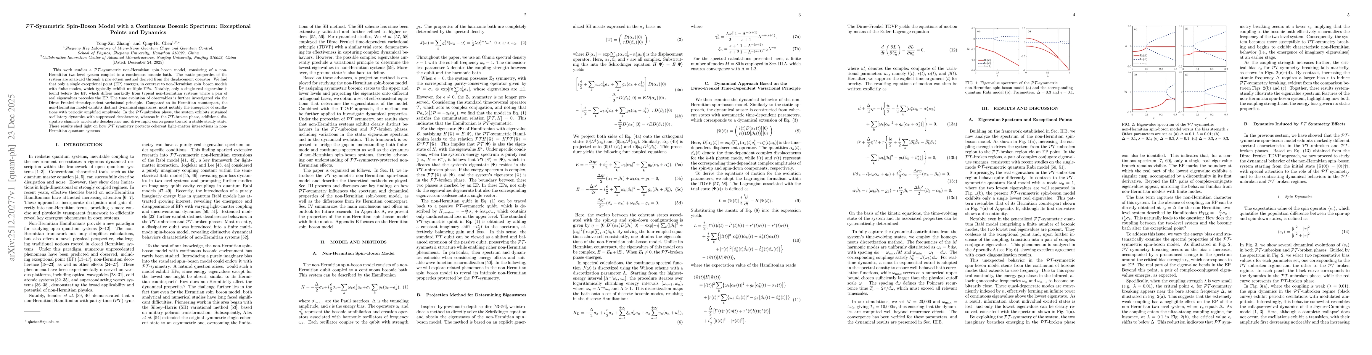 Thumbnail for $\mathcal{PT}$-Symmetric Spin--Boson Model with a Continuous Bosonic Spectrum: Exceptional Points and Dynamics