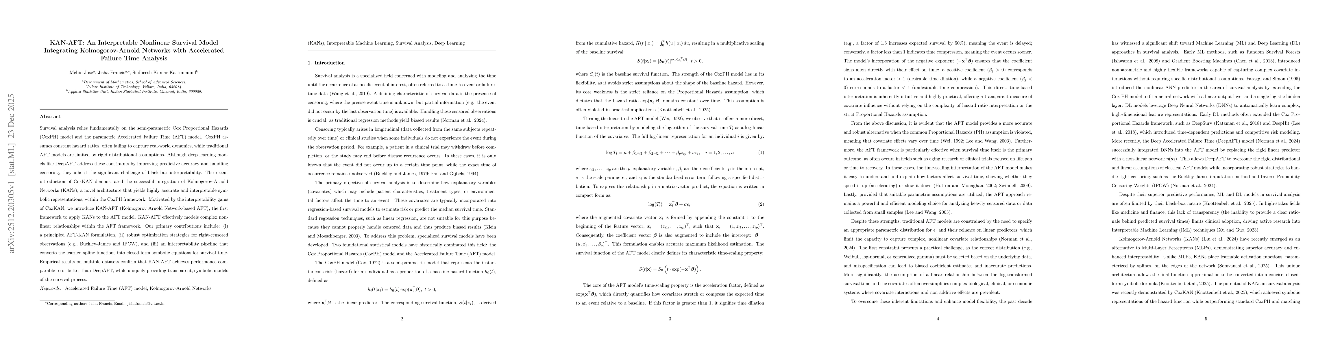 Thumbnail for KAN-AFT: An Interpretable Nonlinear Survival Model Integrating Kolmogorov-Arnold Networks with Accelerated Failure Time Analysis