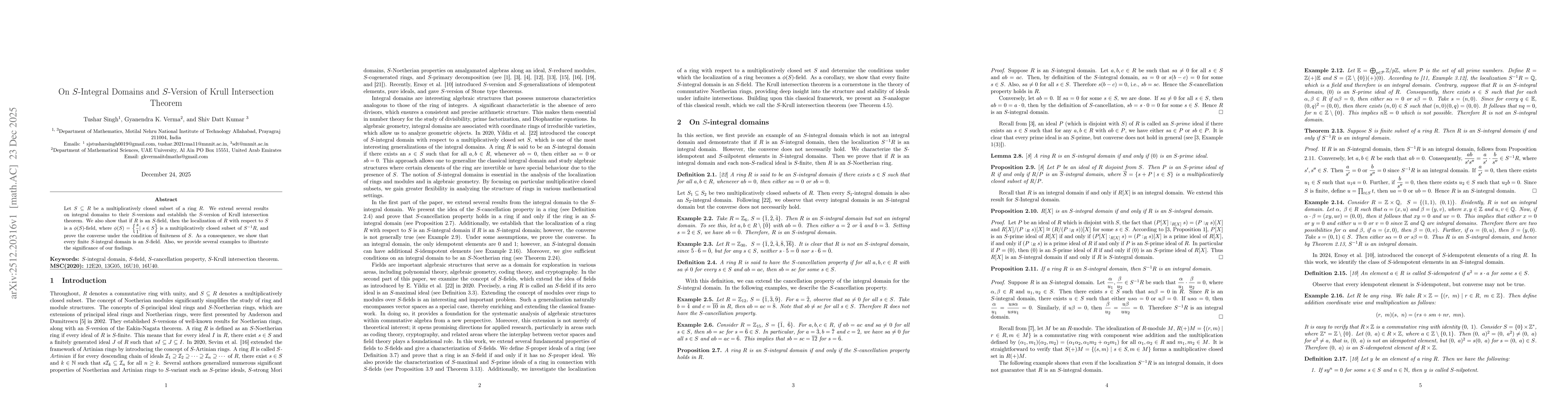 Thumbnail for On S-Integral Domains and S-Version of Krull Intersection Theorem