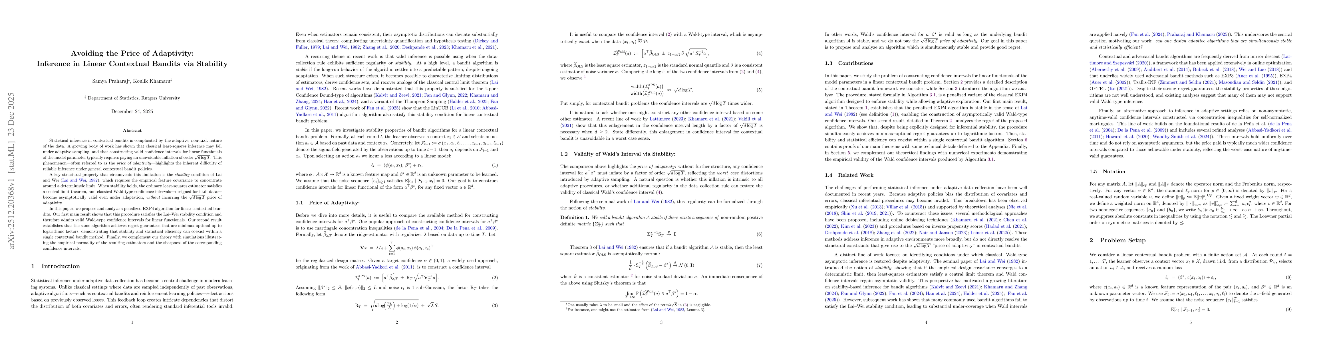 Thumbnail for Avoiding the Price of Adaptivity: Inference in Linear Contextual Bandits via Stability