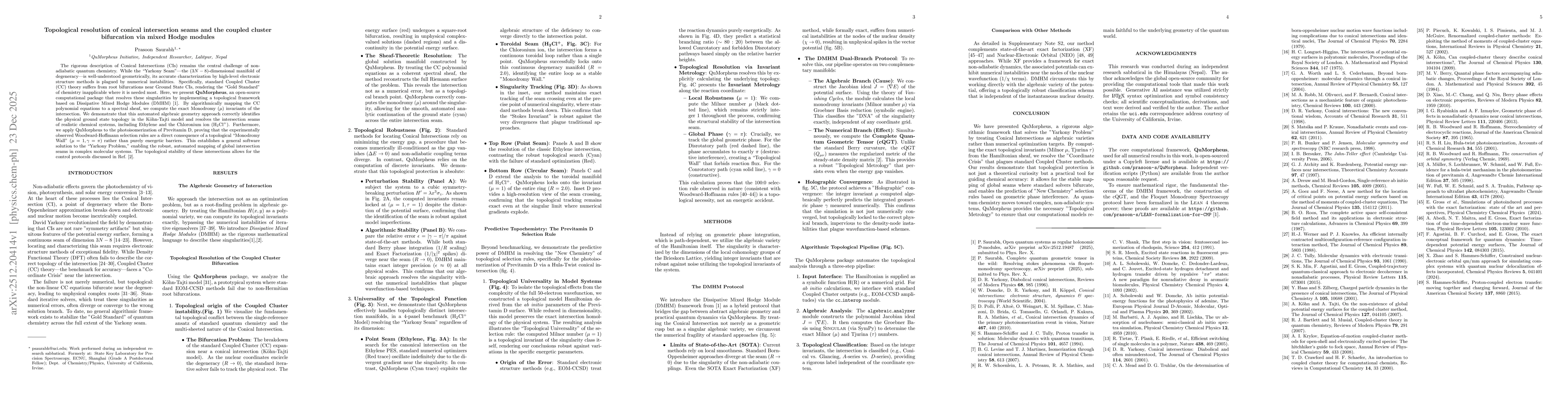 Thumbnail for Topological resolution of conical intersection seams and the coupled cluster bifurcation via mixed Hodge modules